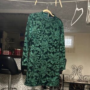 VENUS Green velvet and sequence Floral Long Sleeve Dress